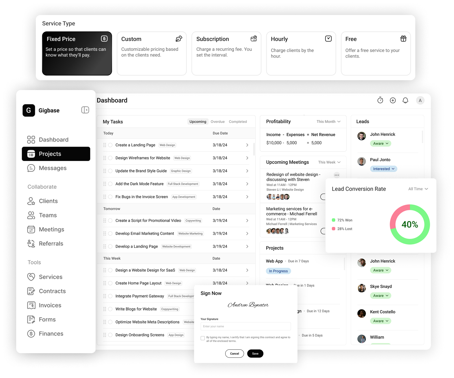 Gigbase screenshot: Gigbase dashboard