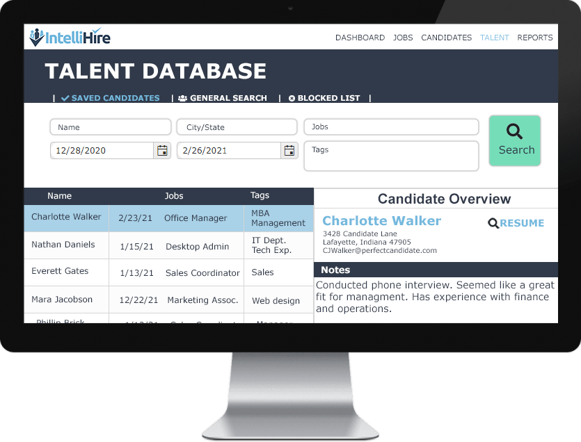 IntelliHire Software - IntelliHire talent database
