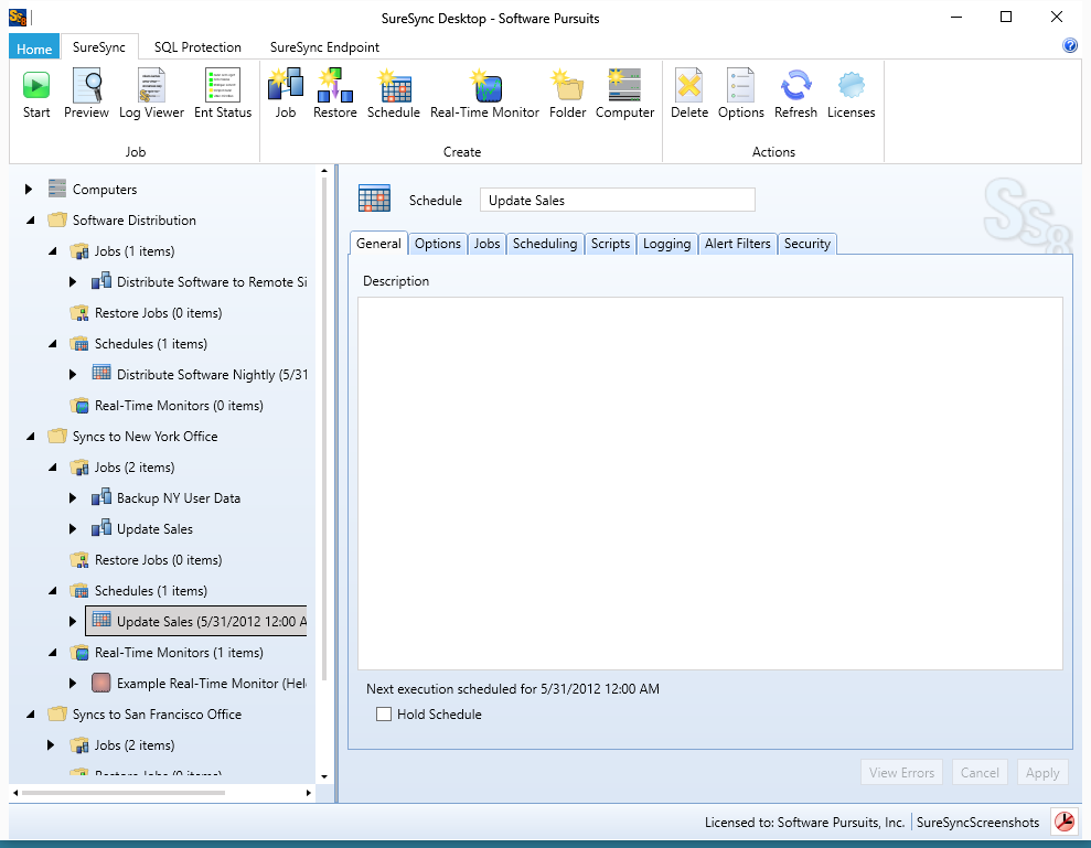 SureSync screenshot: User interface for configuring and managing SureSync