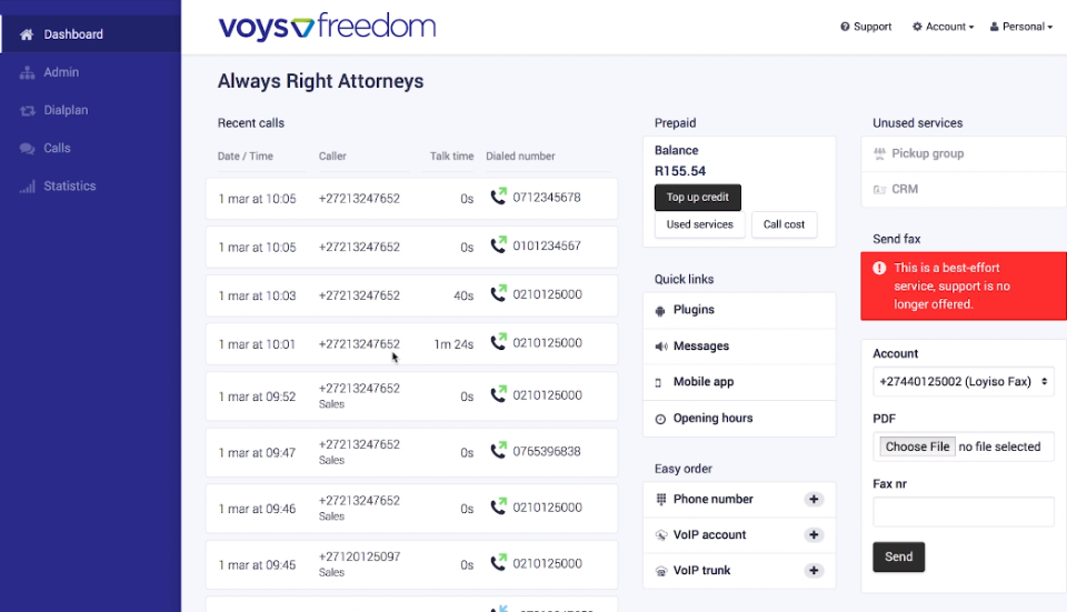 Voys screenshot: Voys dashboard