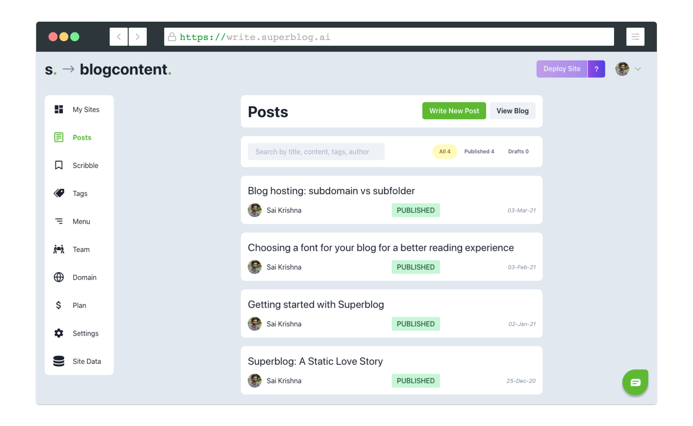 Superblog screenshot: Superblog Dashboard: Manage your posts, content here.