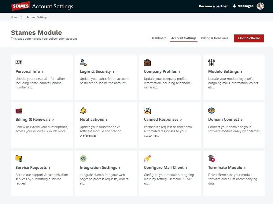 Stames account settings