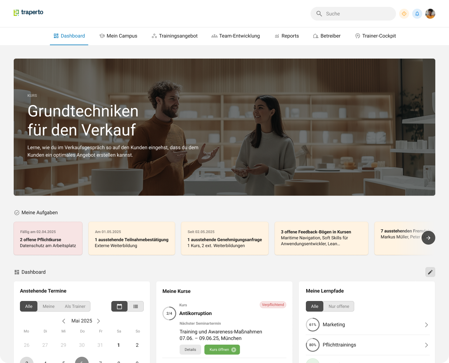 traperto Campus screenshot: Dashboard