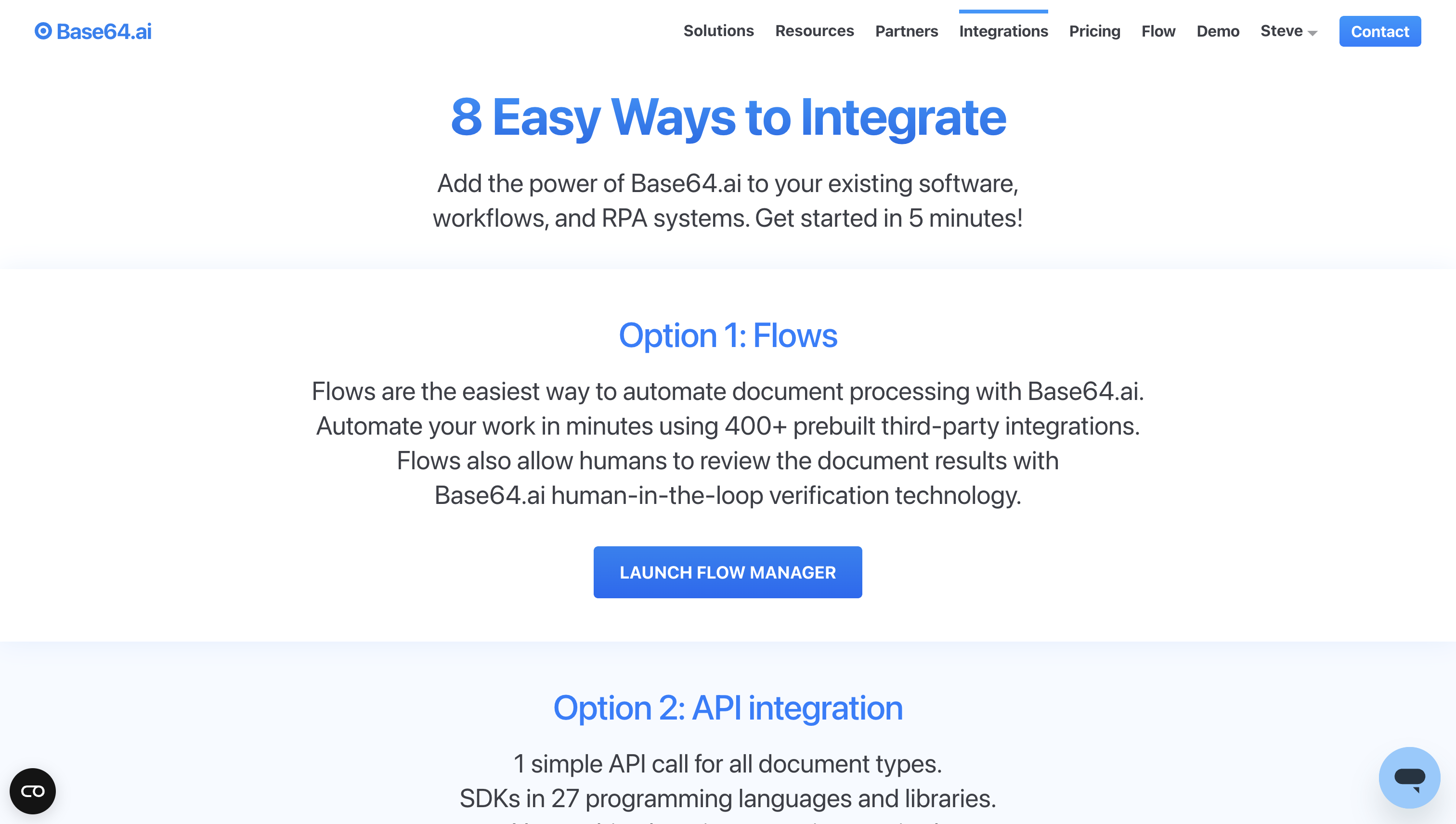 Base64.ai Integration Options Page 
