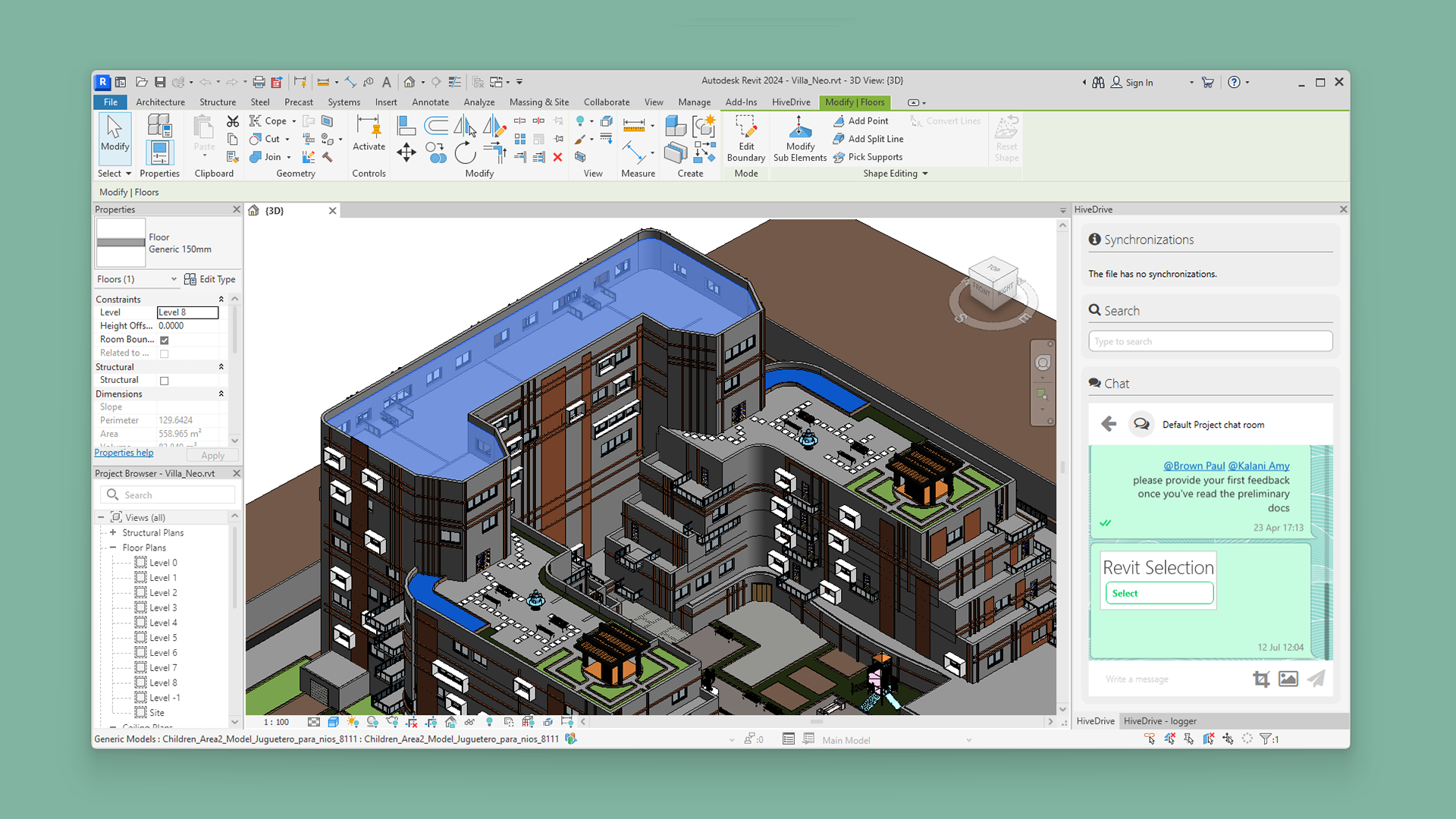 HiveDrive screenshot: HiveDrive inside Revit enable Chat on model and support standard worksharing