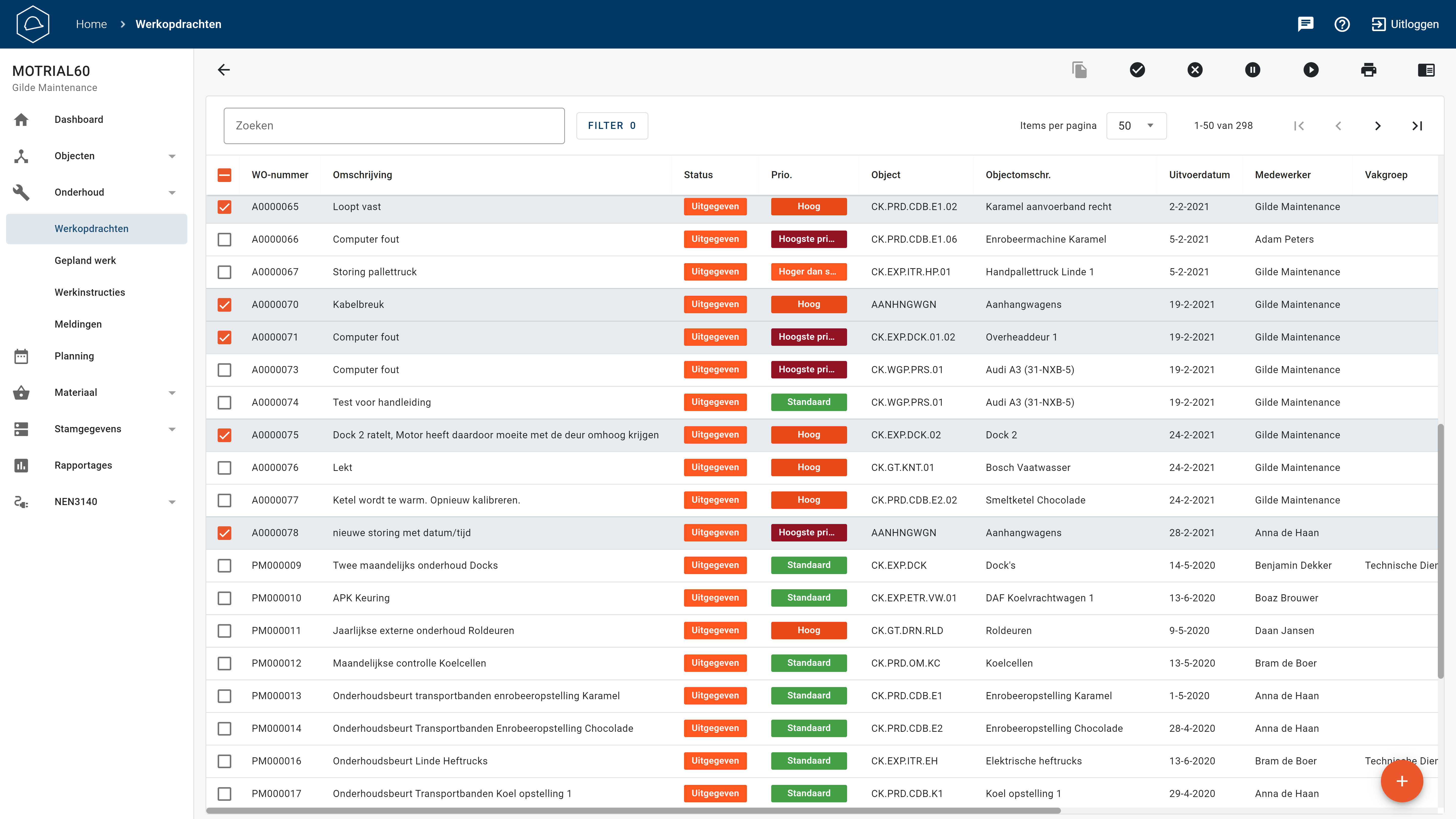 In the overview of all your Work Orders you can see and manage all the work that has to be done. There are different codes for breakdowns, regular and preventive maintenance. It gives you a visual overview of all the work that has to be done.