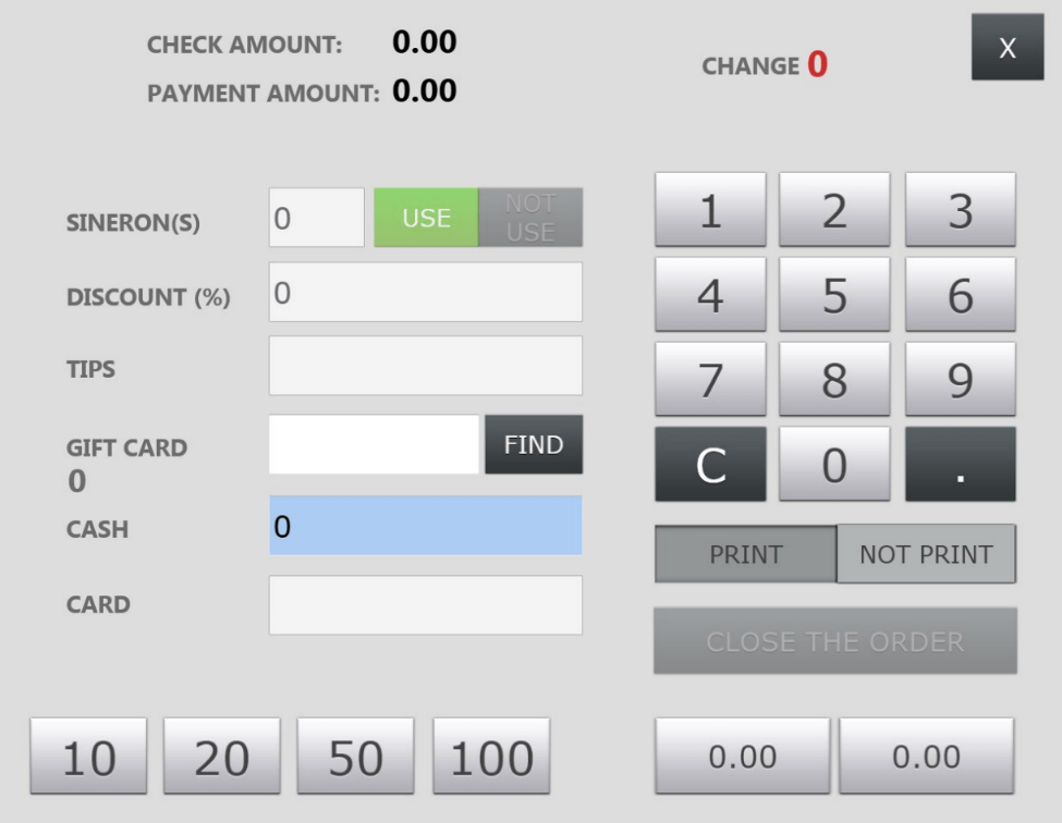 Sineron's payment module enables quick and easy payment, even of split bills, and the application of discounts and gift cards