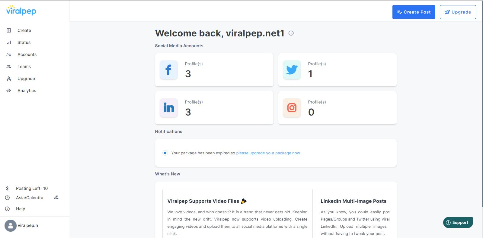 Viralpep screenshot: Your dashboard screen displays all the connected social media accounts and notifies you about your posts, approvals, and schedules. Get updates on Viralpep from the What’s New section and manage your profile from the left-hand panel.