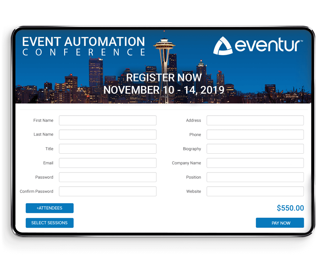 Eventur Conference screenshot: Registration and Virtual Event Hub allows attendees to sign up for events and access the Eventur Platform during a conference.