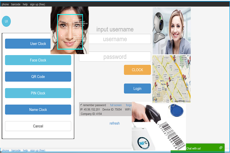 Open Time Clock screenshot: Many options to clock in Employees can use desktop computer, tablet/iPad and smart phone (Android and iPhone) for clocking in and out by entering username, enter PIN number, face scan (face recognition), QR-code, Barcode handset, etc.