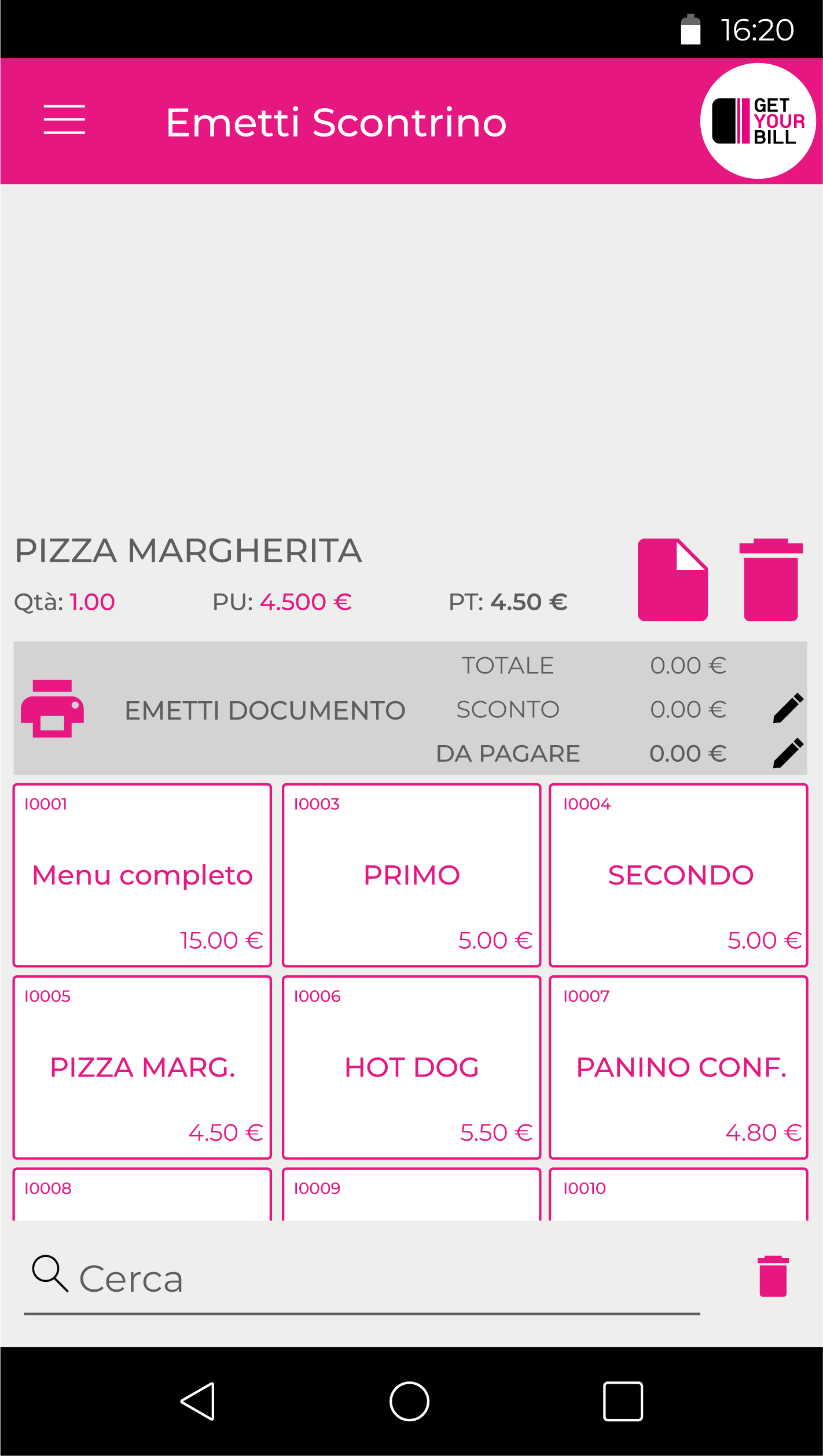 GetYourBill Software - You can easily enter the items to be included in the fiscal document selecting them from a previously customised listing