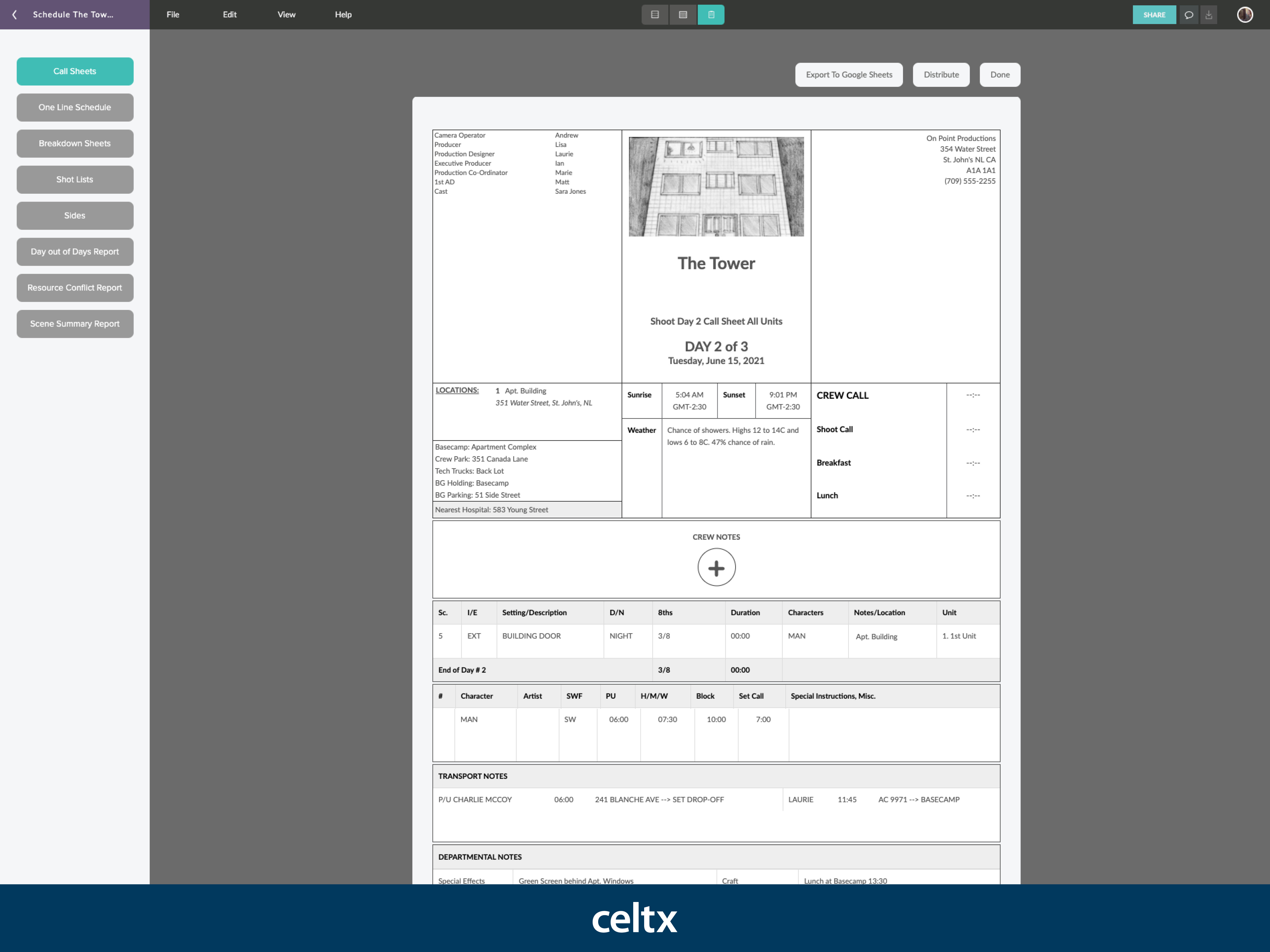 Craft and distribute industry-standard call sheets. Automatic data population lets you quickly and easily apply changes and re-distribute to cast and crew.