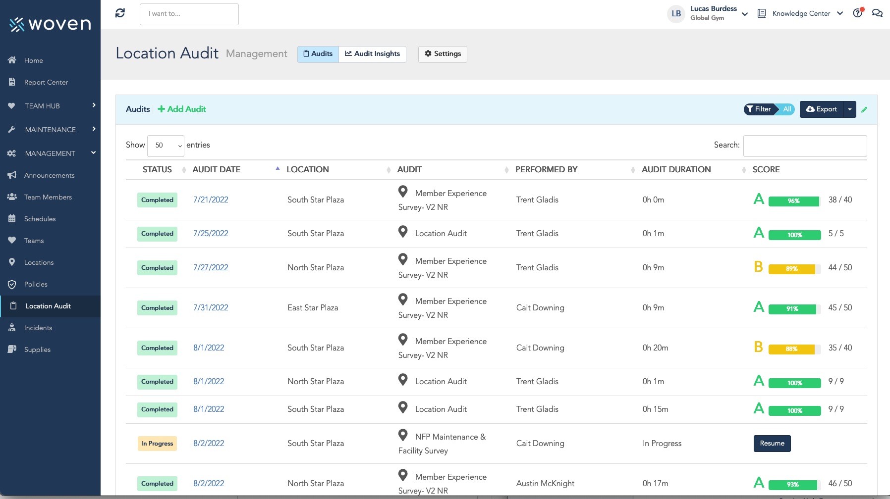 Woven screenshot: Woven Location Audit Management