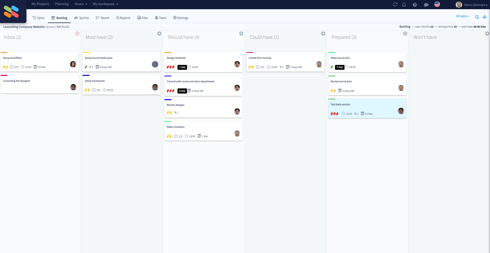GETSCOPE screenshot: With Getscope's Backlog page, you can streamline your projects by easily adding and organizing tasks in a central location. The Backlog page allows you to assign members to specific tasks and even add media such as images and videos.