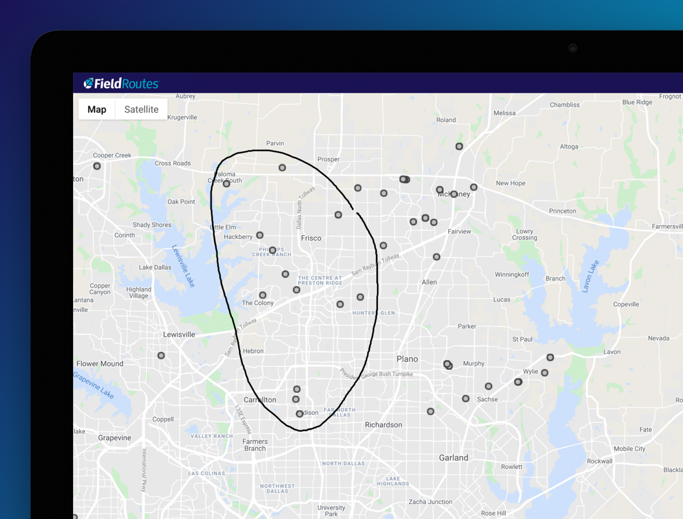 FieldRoutes Software - Easy scheduling by drawing a boundary around customers