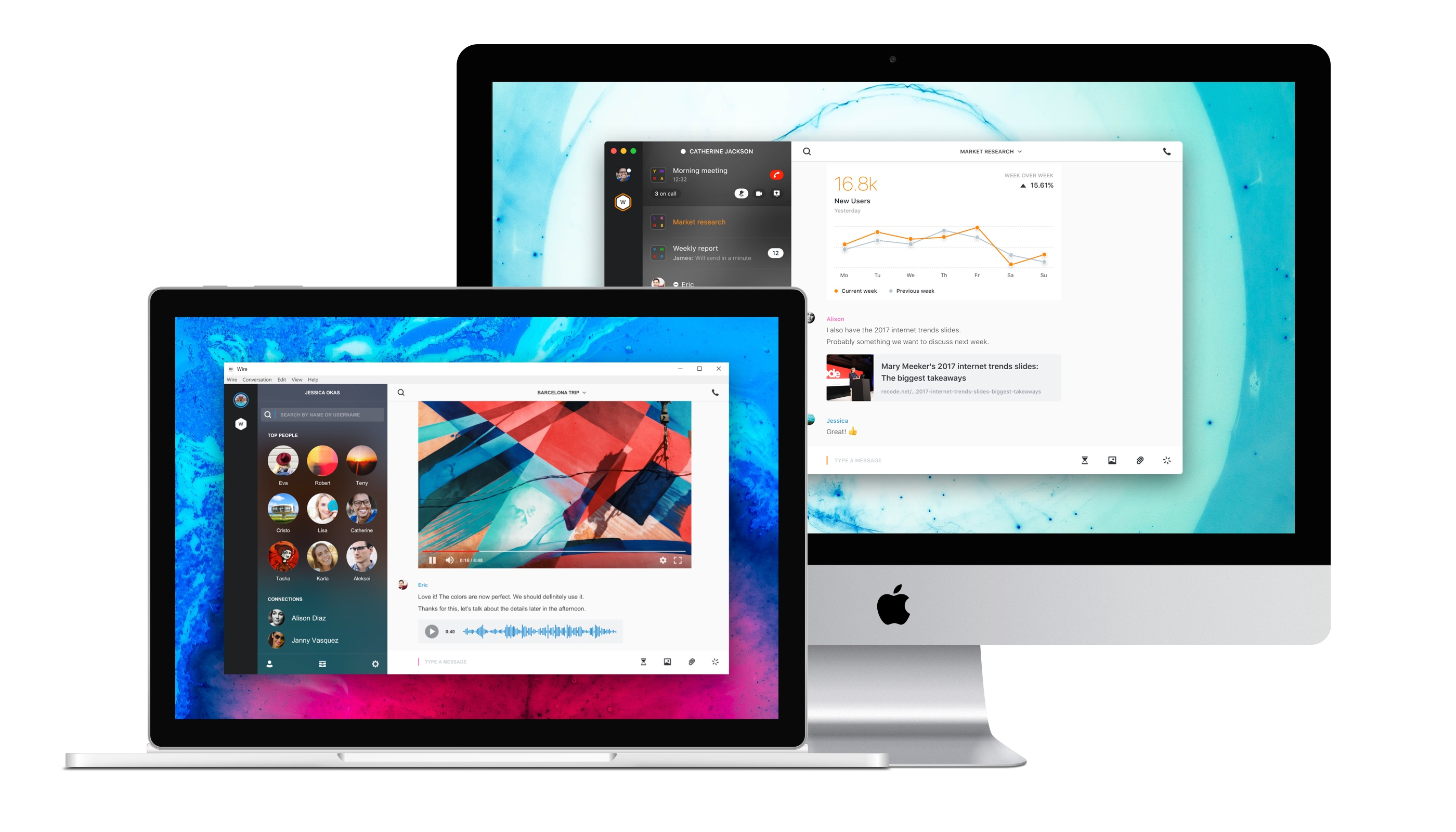 Desktop apps are available for Mac, Windows, and Linux. Wire also works directly in web browsers.