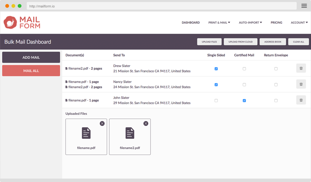 Mailform screenshot: Mailform's Bulk Mail Dashboard showing available uploaded files and any documents lined up for sending to multiple recipients