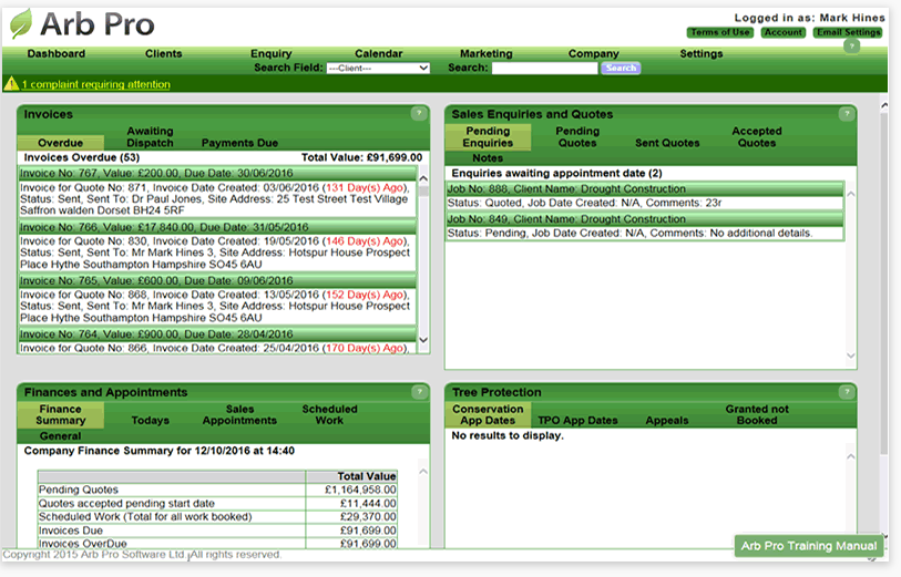 Arb Pro Software - The Arb Pro dashboard gathers and presents data on quotes and invoices in a summary view