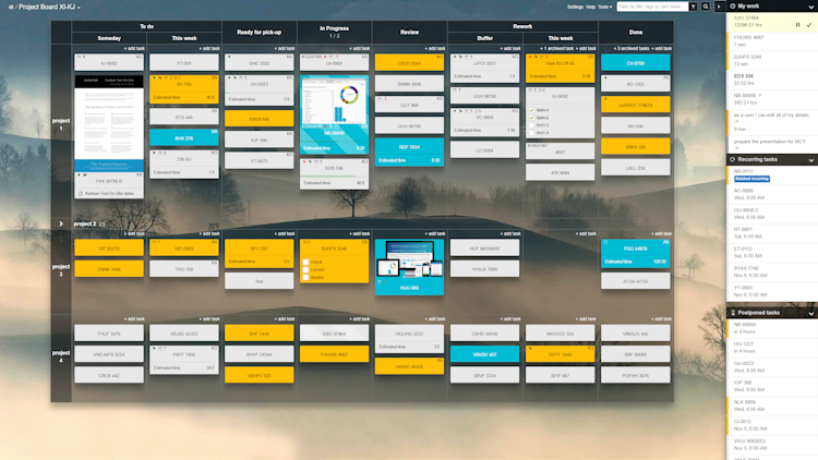 Kanban Tool screenshot: An example of a Kanban Tool board with a user's own background image. My Work widget, Postopned Taks and Recurring Tasks widgets visible on the right side of the board.