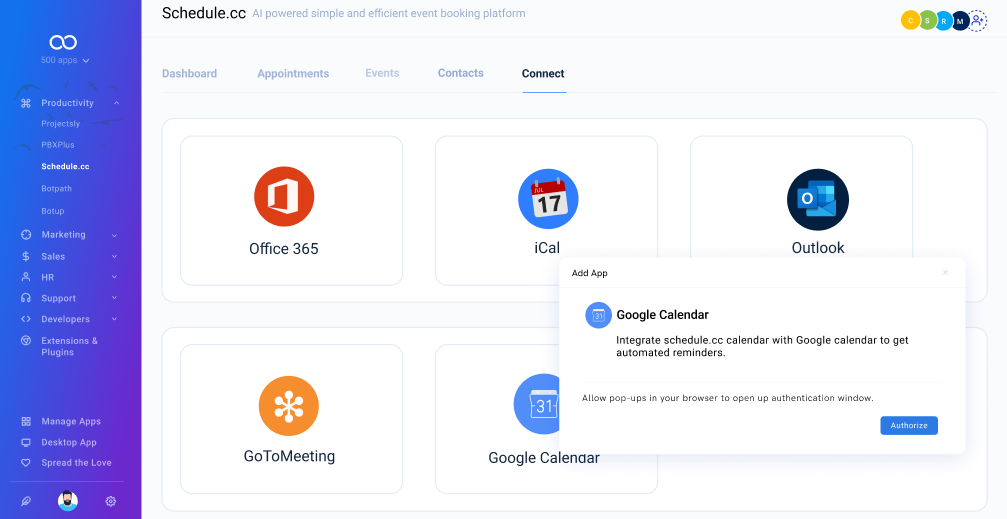 Schedule.cc screenshot: Schedule.cc connect applications
