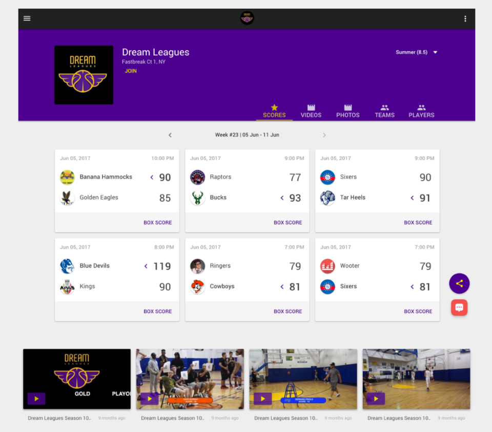 Wooter screenshot: Create a custom website for stats, videos, photos, roster, rankings, and registrations