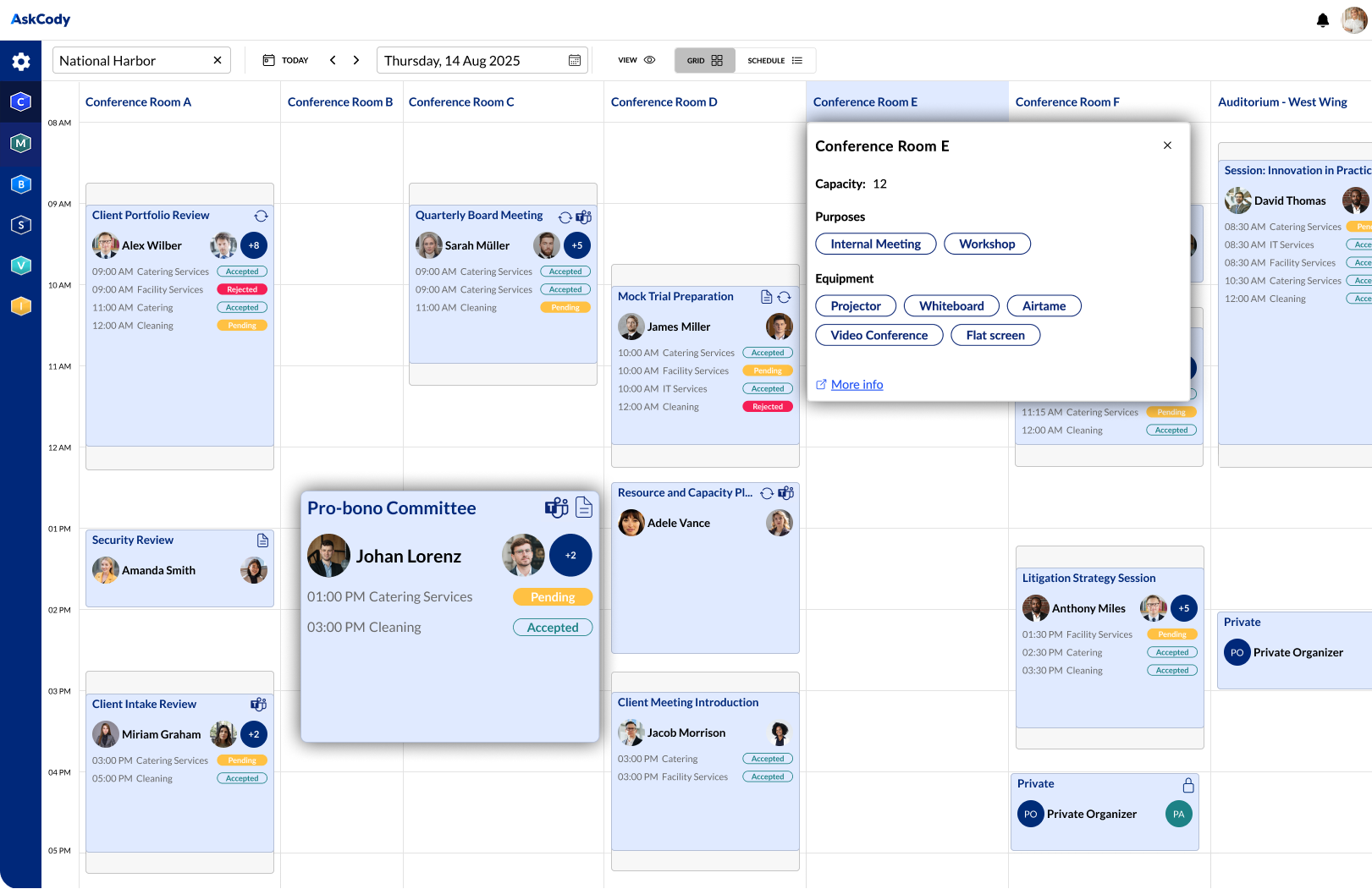 AskCody screenshot: Central is your workplace calendar and meeting hub, giving a clear view of meetings, services, and attendees. Easily manage and reschedule bookings so your organization stays in control. Built for Microsoft 365 to keep meeting management simple.
