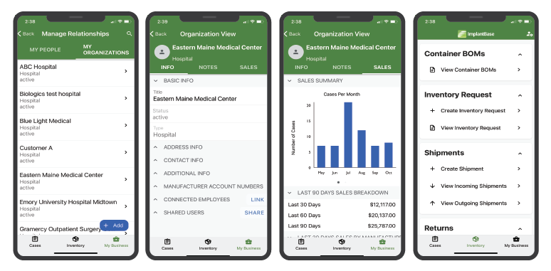 ImplantBase screenshot: See all scheduled surgeries, related inventory needs, sales numbers for pending, in process and complete orders, as well as manage contacts & facilities, request and ship inventory, and so much more right from your fingertips. Solution on the go!