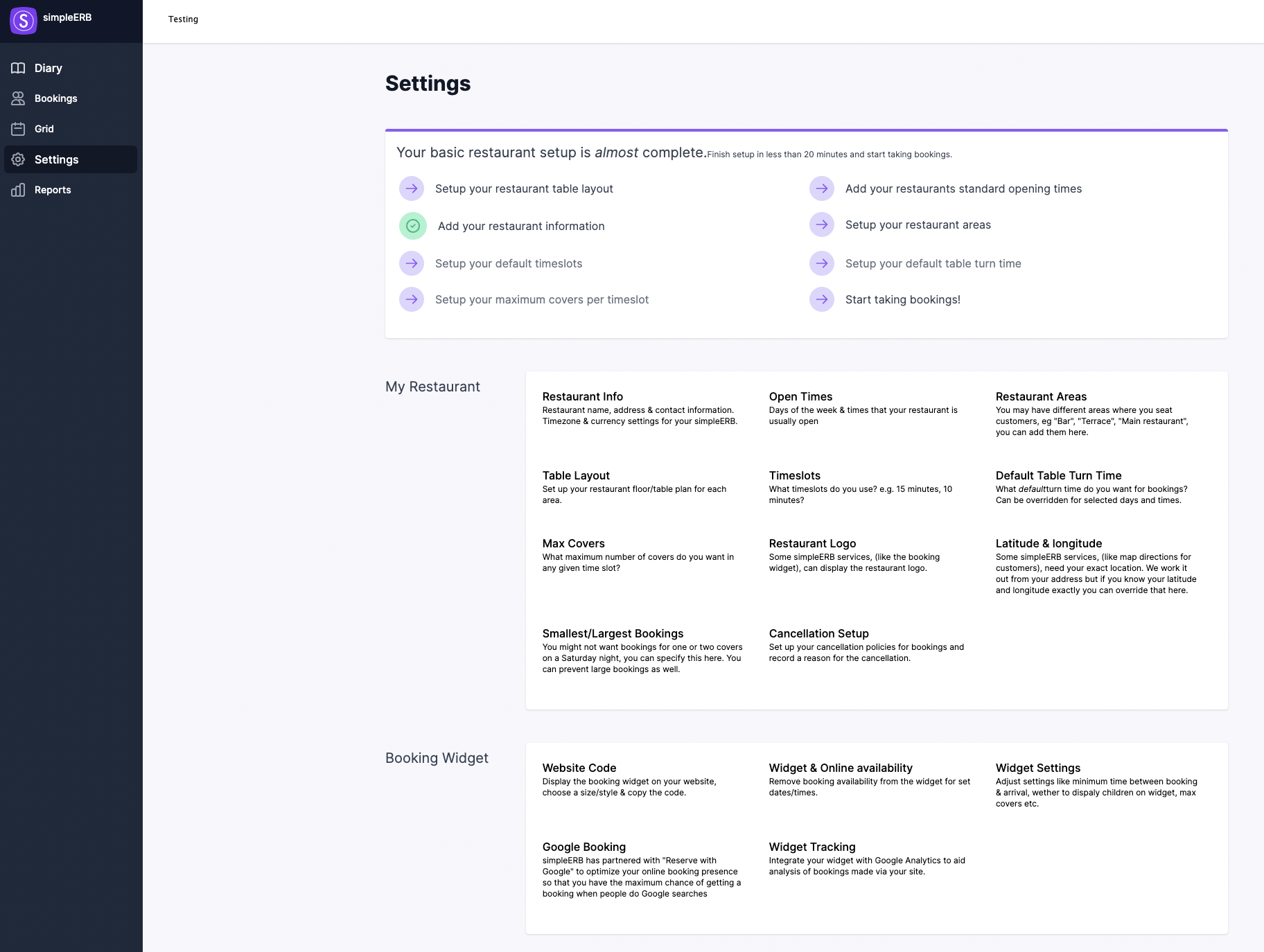 simpleERB screenshot: System settings. Easily access settings for the required category; booking widget, restaurant details, open/close days, tables and area management 