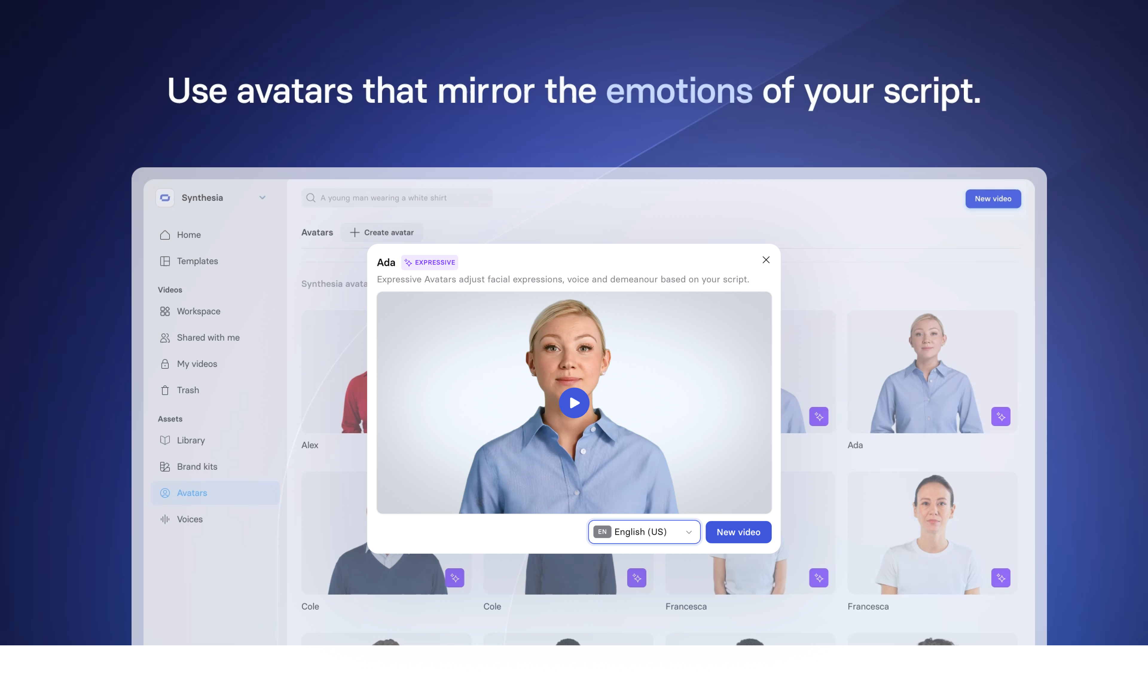 Synthesia screenshot: Use Synthesia's avatars to express emotions based on semantics of your script or create your own.