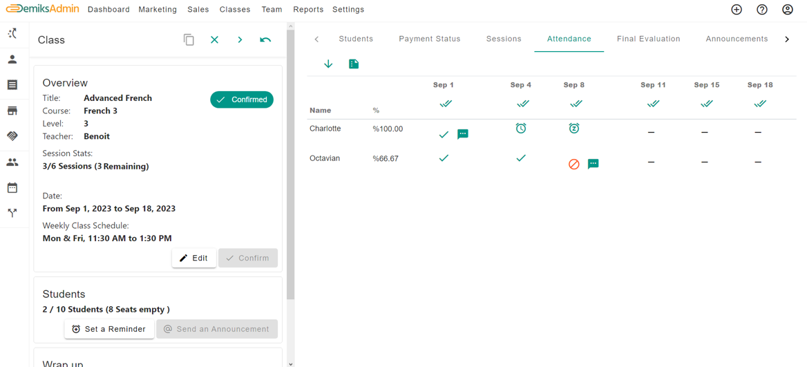 Demiks Admin screenshot: Attendance tracking