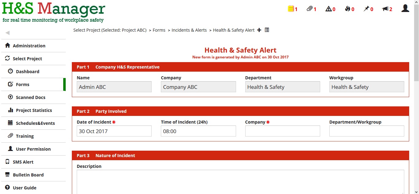 Health and safety alert form