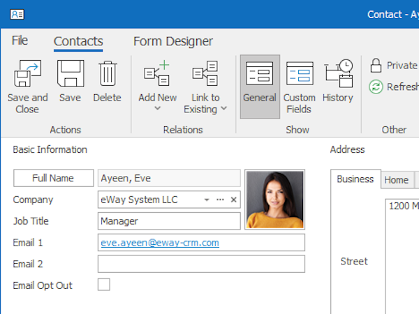 eWay-CRM screenshot: All your contacts are in one place with eWay-CRM. You and your colleagues can easily access them whenever needed.
All you need to do is go into the Contacts module. Additionally, every contact is linked to the related company or project.