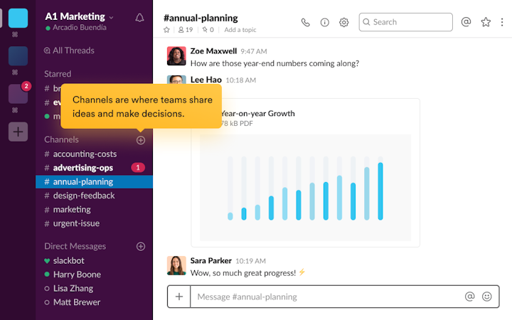 Slack screenshot: Create custom teams and channels to categorize and organize conversations