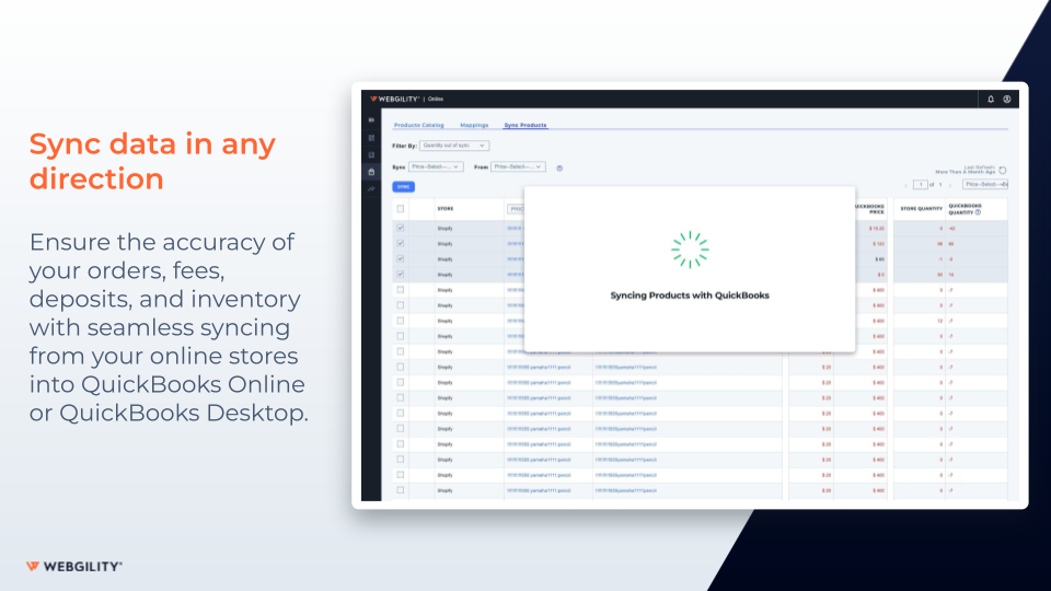 Webgility Software - Sync data in any direction: Ensure the accuracy of your orders, fees, deposits, and inventory with seamless syncing from your online store into QuickBooks Online or QuickBooks Desktop.
