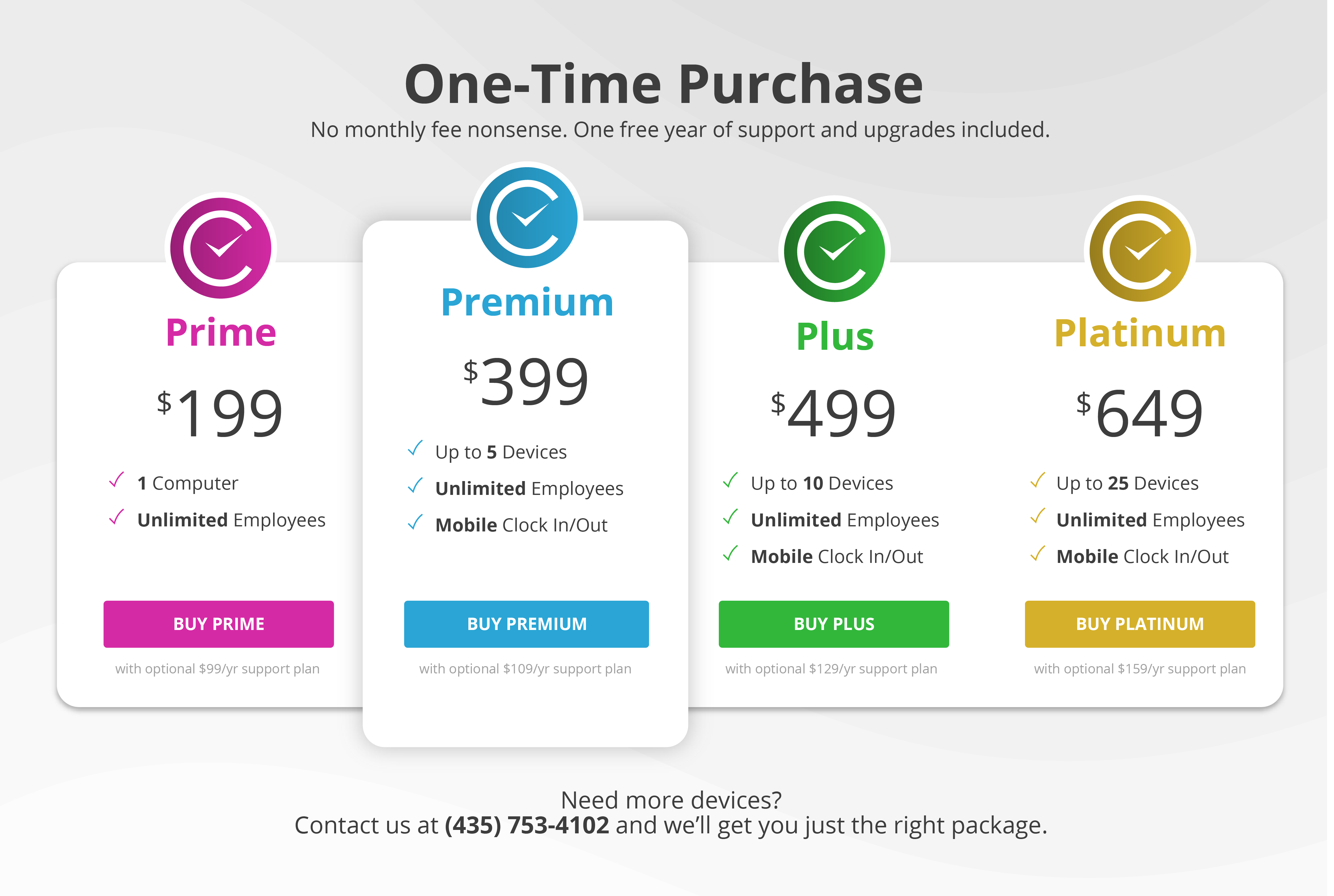 TimeClick's Pricing. One-time purchase with one year of support and upgrades included, FREE. No monthly fees, no fees per employee. Support plan that is included the first year FREE is optional to renew the second year.-thumb