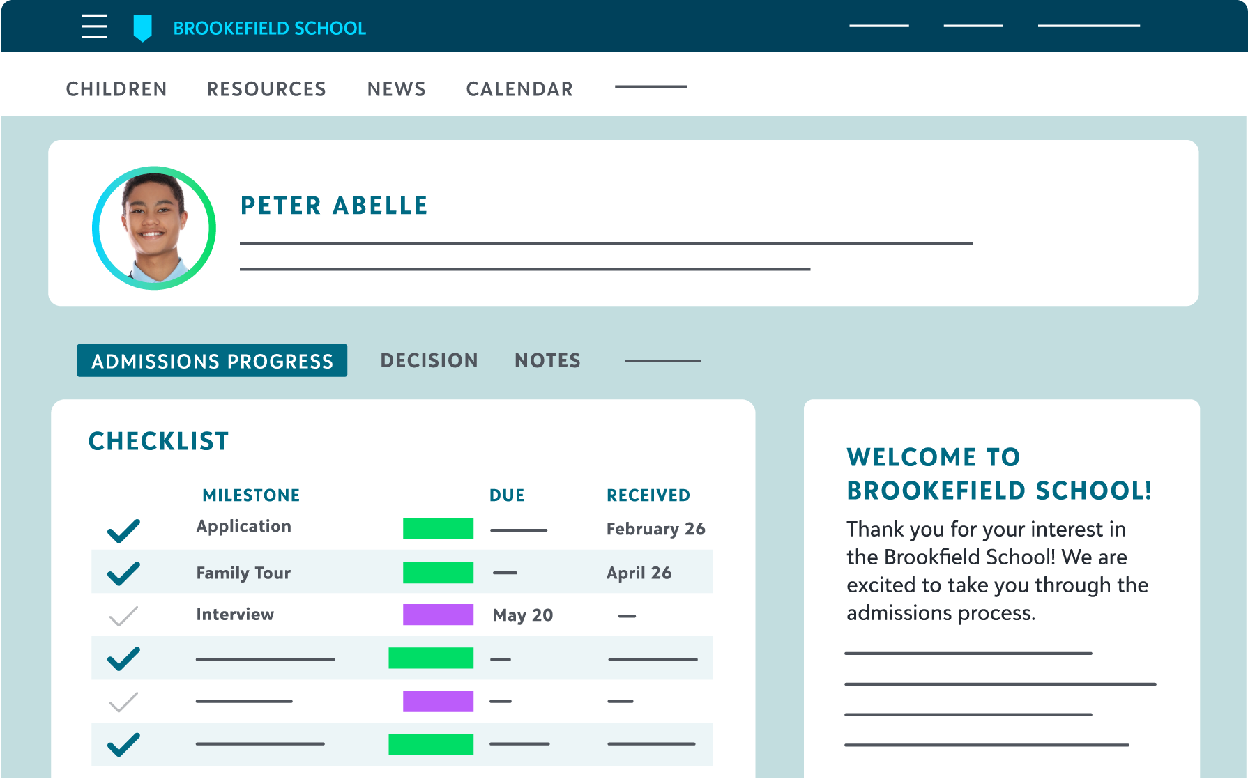 Blackbaud Enrollment Management System screenshot: Move students through the admissions funnel more quickly and drive retention with customizable progress checklists, automated notifications, and integrated re-enrollment contracts. Families use the same login from initial inquiry through enrollment, apply
