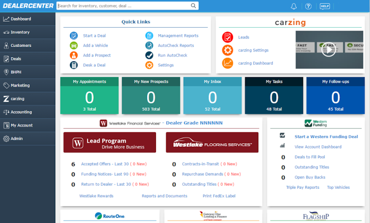 DealerCenter screenshot: The DealerCenter home screen displays quick links and system summary widgets for an instant operational overview