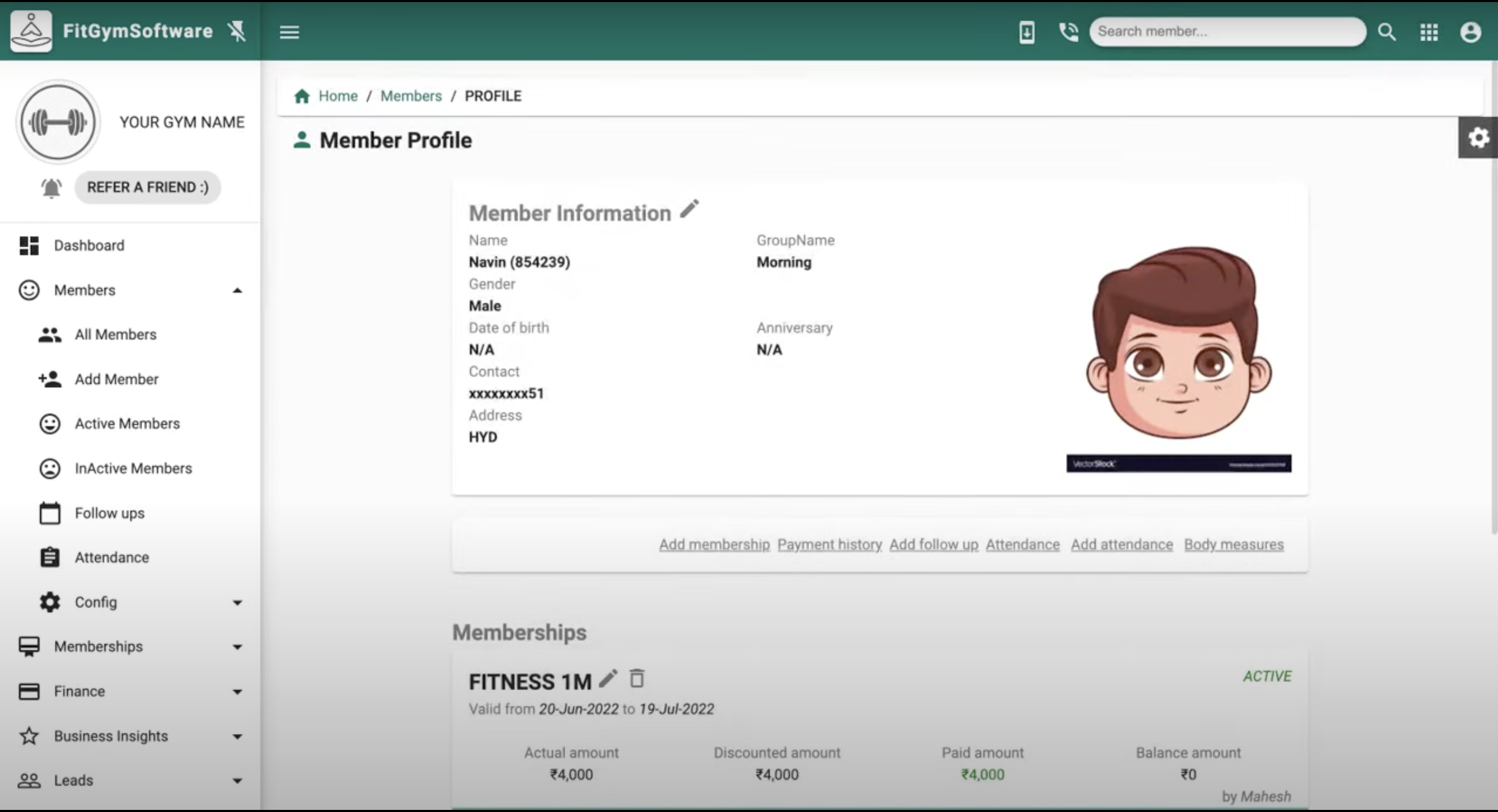 FitGymSoftware Software - Member Profile