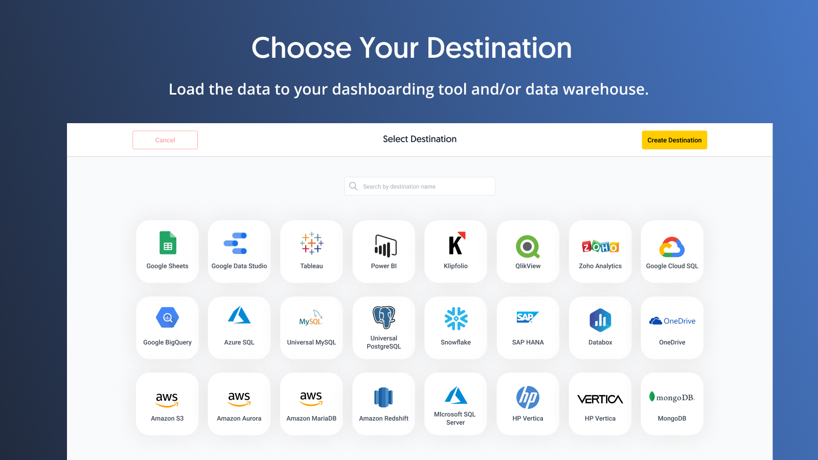 Choose your any and all of your destinations, whether that's a dashboarding tool or data warehouse.