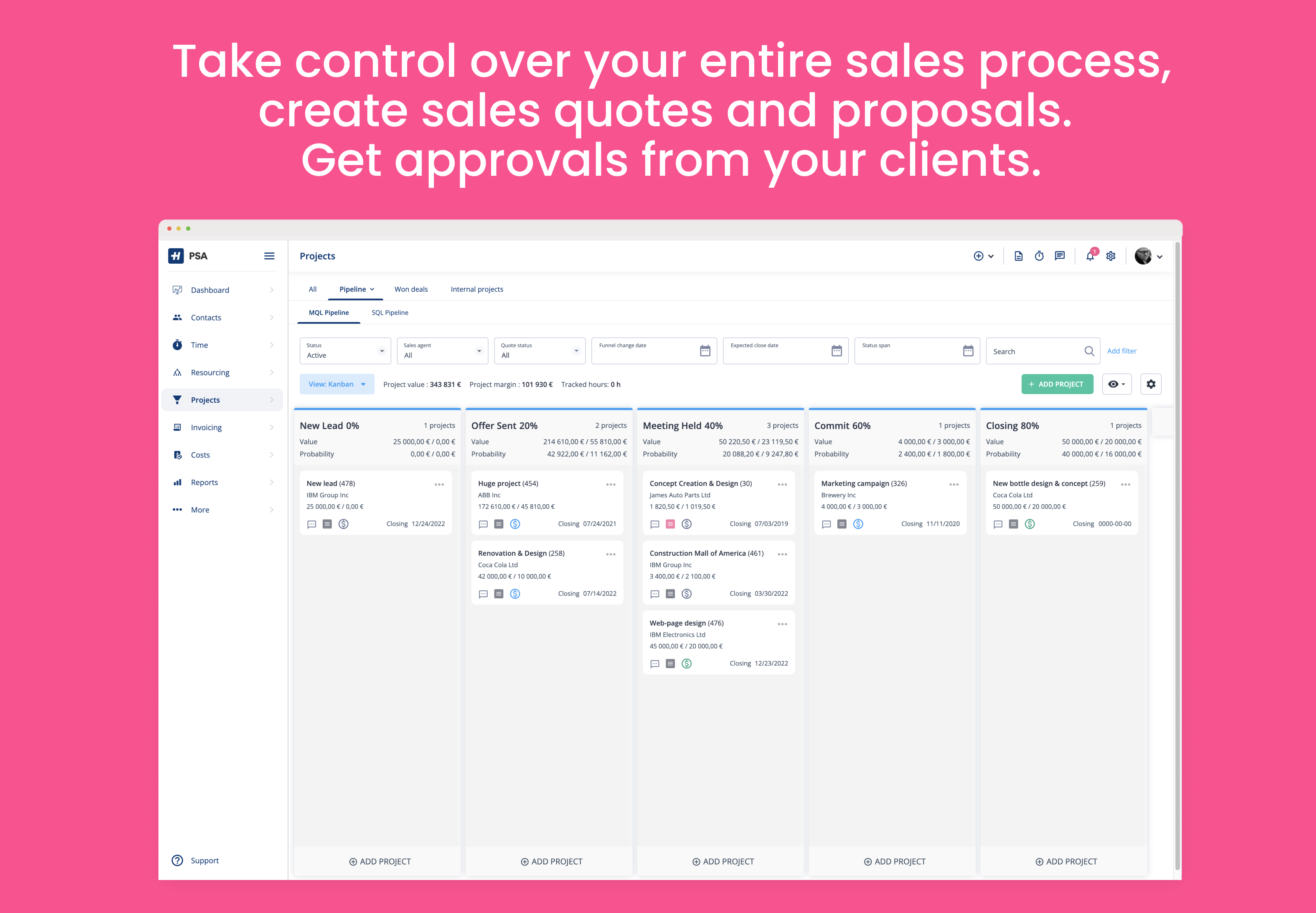 Sales pipeline, sales quotes and appovals from clients