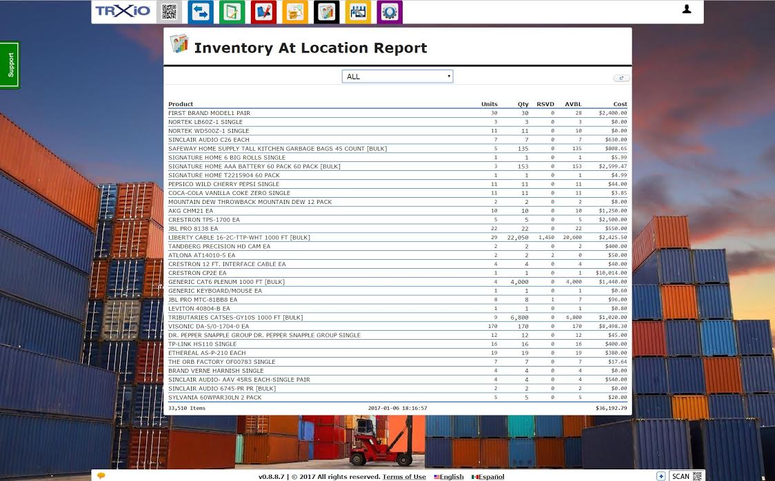 TRXio screenshot: TRXio inventory at location report