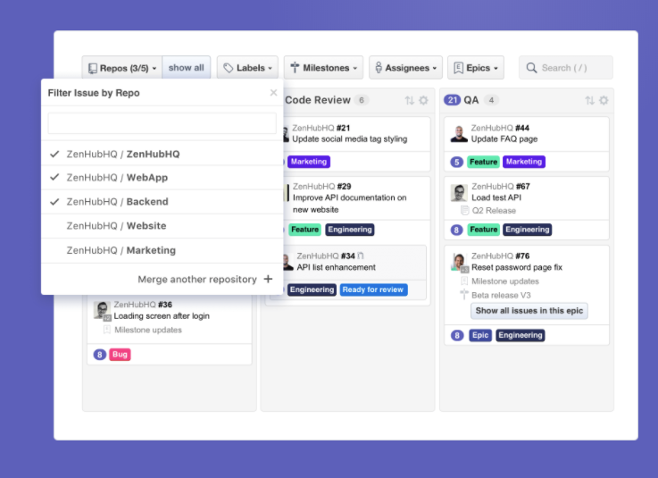 ZenHub Software - Multi-Repository Boards allow teams to build workspaces custom to their workflow