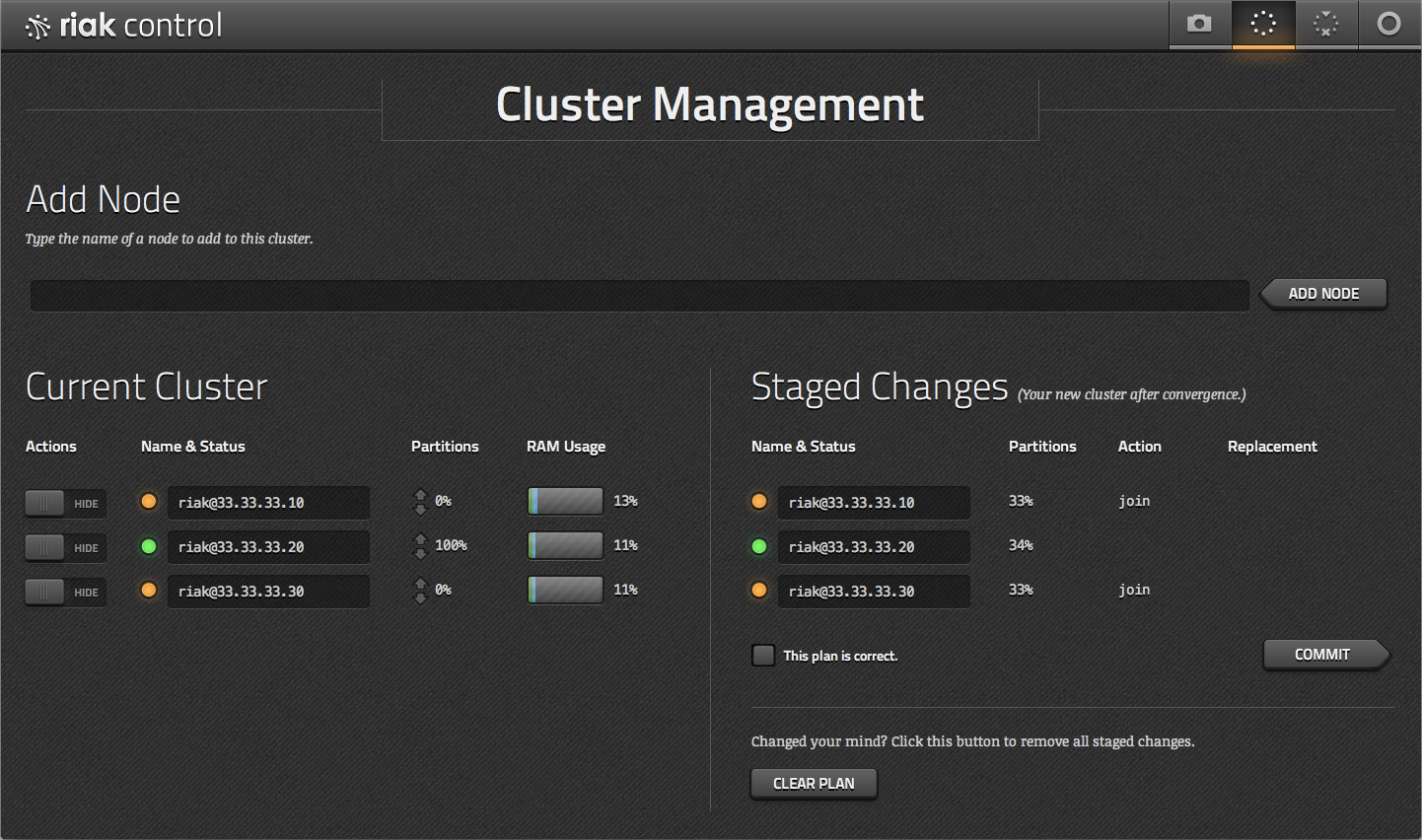 Riak screenshot: Riak KV cluster management