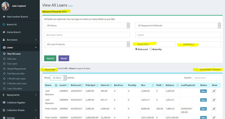 Loandisk screenshot: Loandisk disbursed loans overview