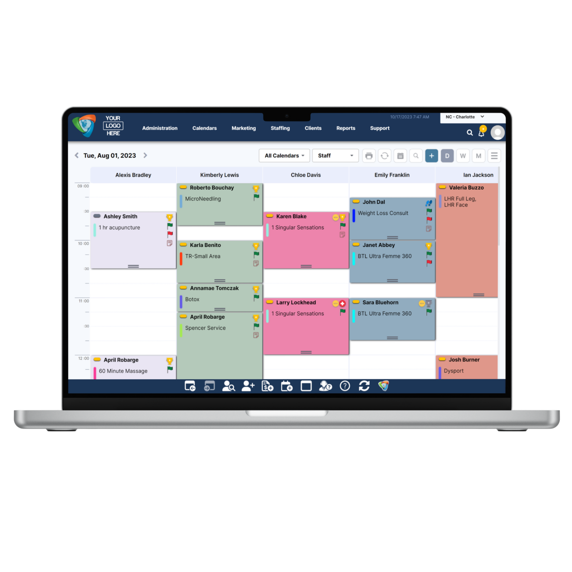 Integrated calendar system for staff, rooms, and equipment.