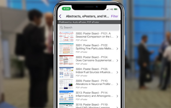 Posters and ePosters in EventPilot scientific meeting app and medical event app. PDF posters are fully searchable and login protected.