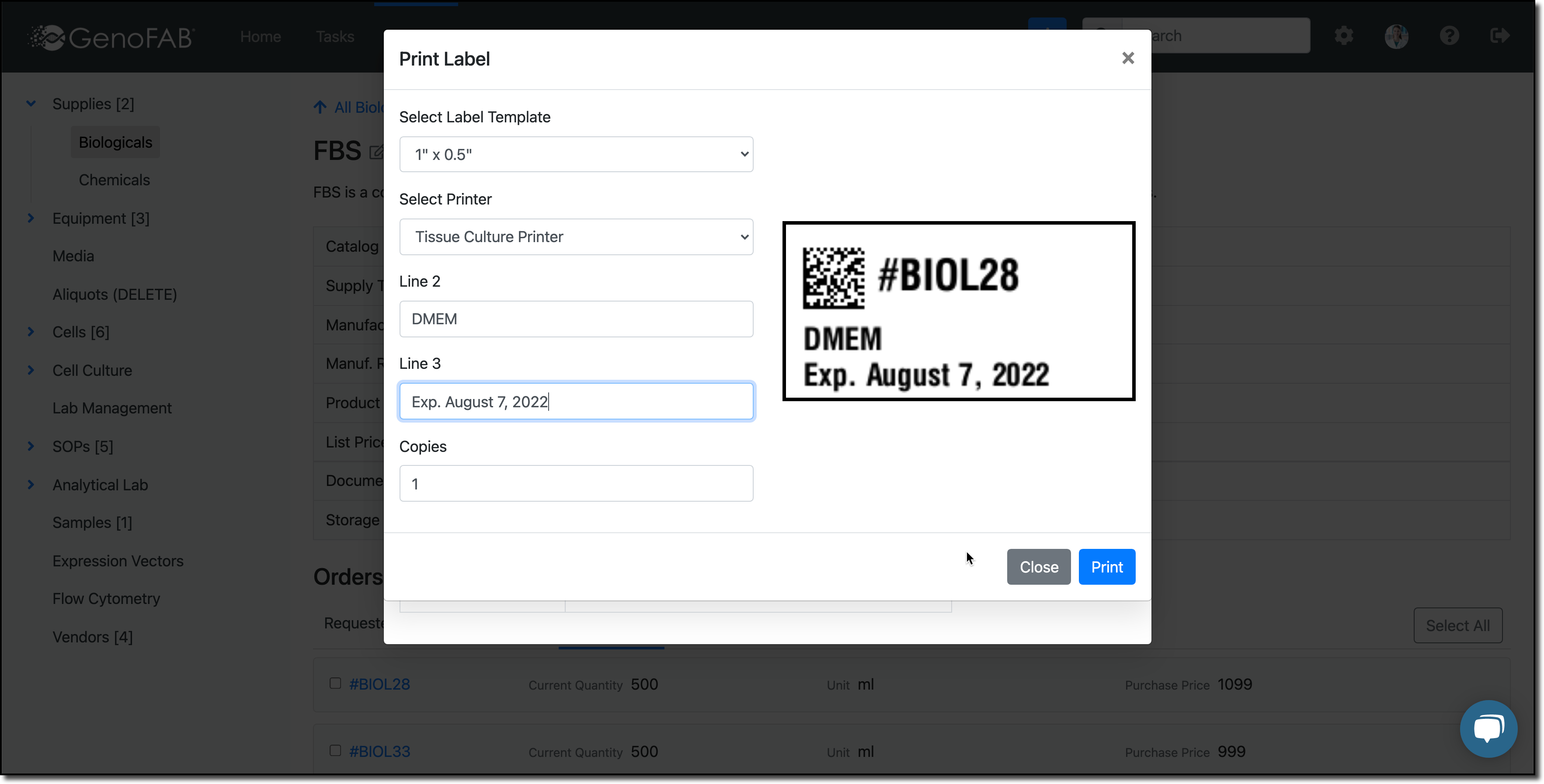 Print a barcoded label to identify a sample