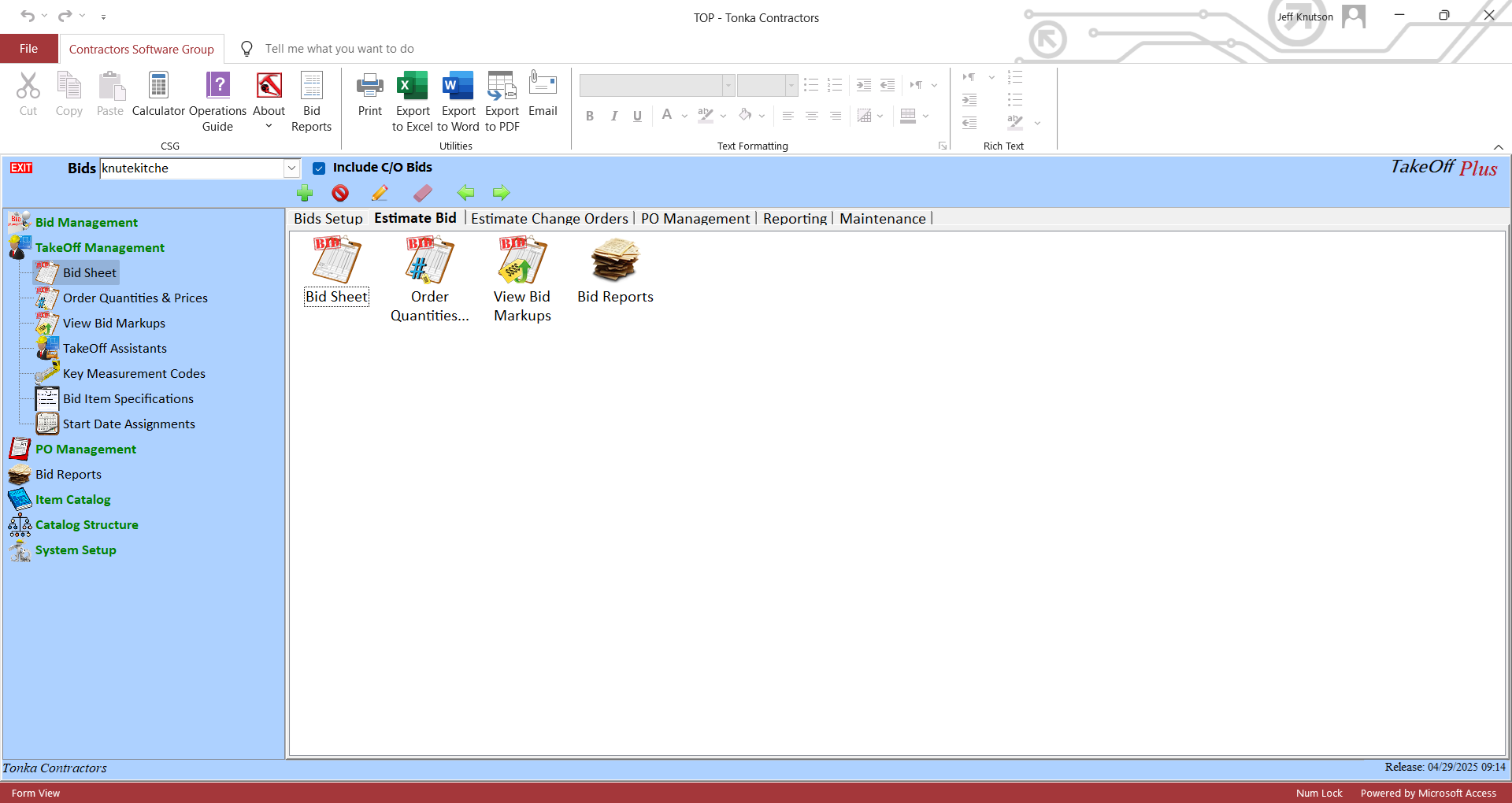 TakeOff Plus screenshot: TakeOff Plus bid sheet