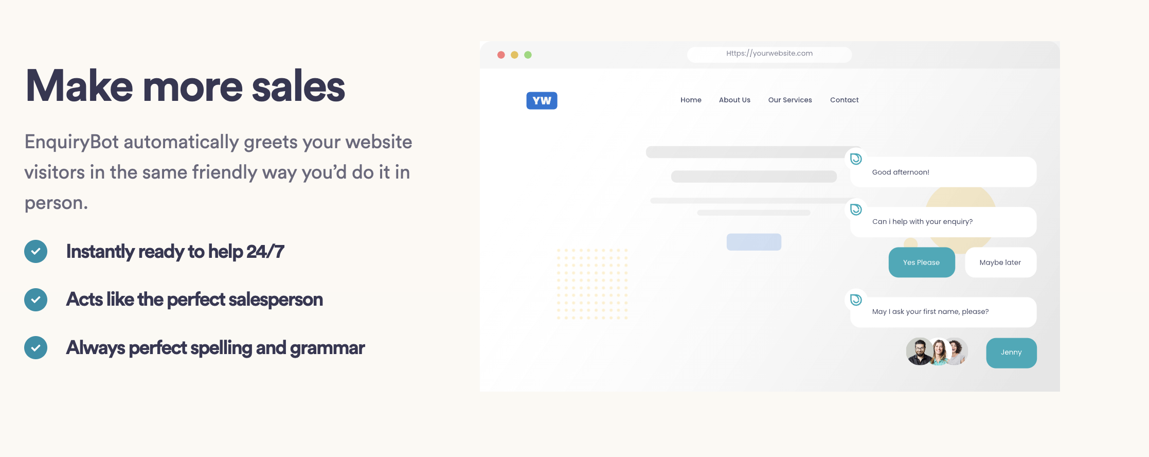 EnquiryBot screenshot: A custom built chatbot for your website which is customisable and generates leads from, landing pages, QR codes and social media.