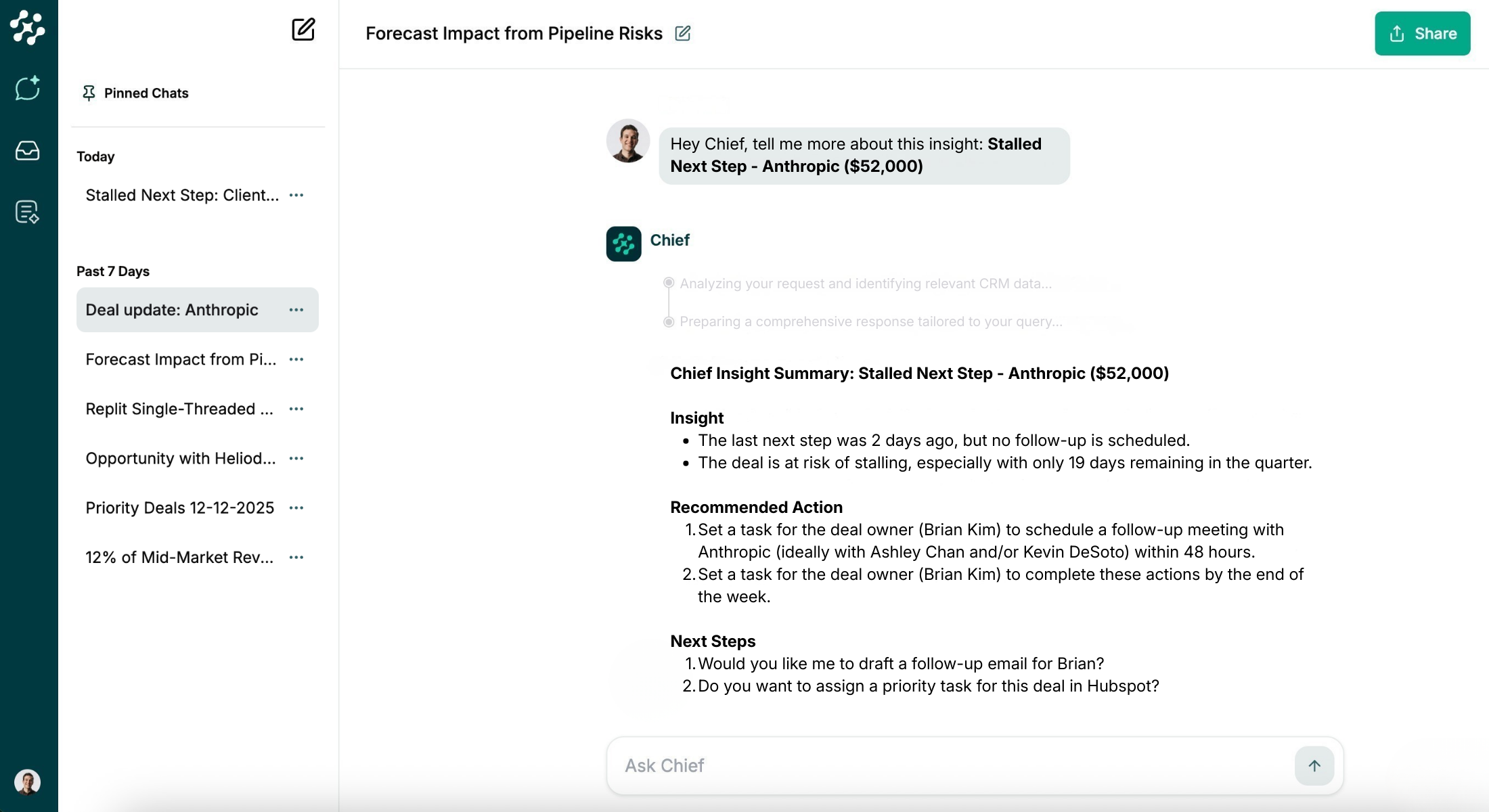Chief Software - Chief A user interrogates an insight about a stalled deal